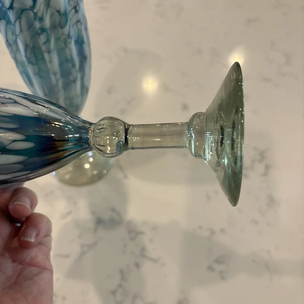 Cobalt Blue White Iridescent MexicoBlown Art Champagne Flute‎ Wine Glass Wedding